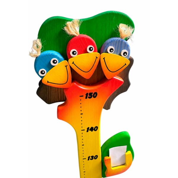 Détail supérieur d’une toise enfant en bois avec trois oiseaux multicolores