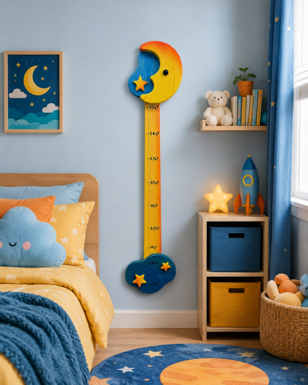 Toise enfant lune et étoile en bois dans une chambre d’enfant