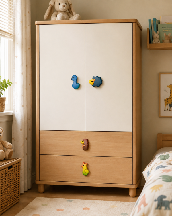 Armoire enfant avec boutons de meuble animaux en bois colorés