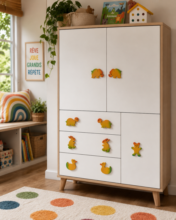 Armoire enfant avec boutons de meuble animaux en bois colorés