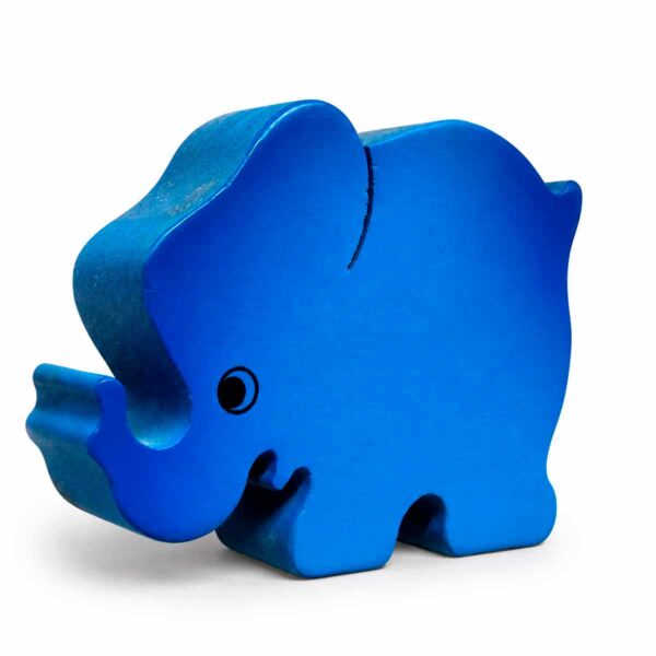 Bouton de meuble enfant éléphant bleu en bois orienté vers la gauche, vue en perspective