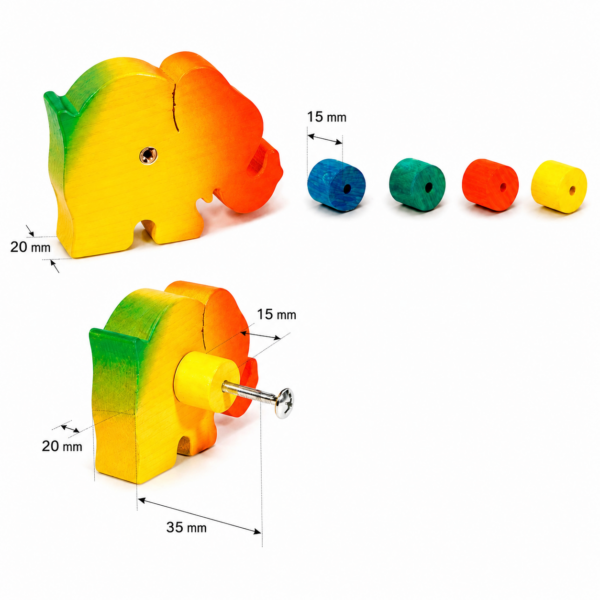 Bouton de meuble enfant éléphant en bois avec fixation par vis et dimensions