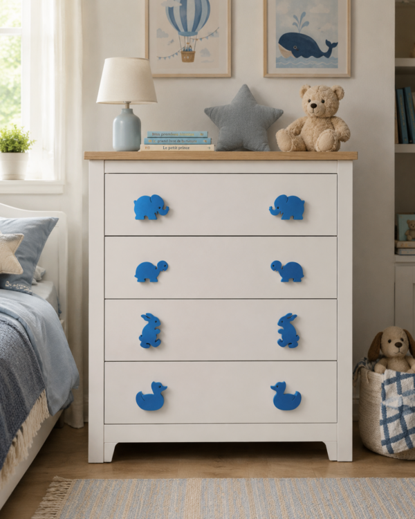 Commode enfant blanche avec boutons de meuble animaux bleus en bois