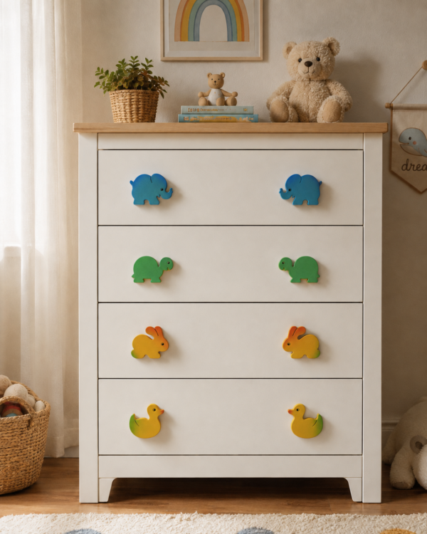 Commode enfant blanche avec boutons de meuble animaux en bois colorés