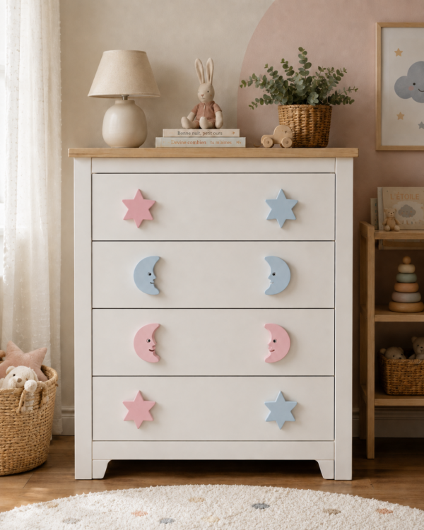 commode-enfant-boutons-meuble-lune-etoile-bois Commode enfant blanche avec boutons de meuble lune et étoile en bois rose et bleu