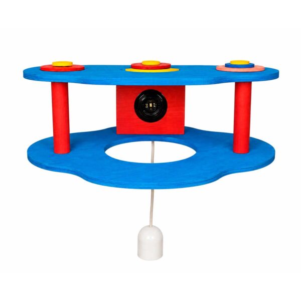 Lampe décorative pour enfant en bois bleu avec fleurs et canard, vue de dessous