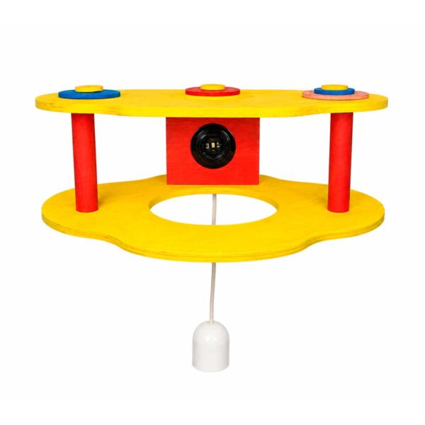 Lampe décorative pour enfant en bois jaune avec fleurs et ours, vue de dessous