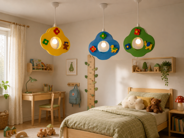 Trois lampes enfant en bois jaune, bleue et verte suspendues dans une chambre d’enfant chaleureuse.