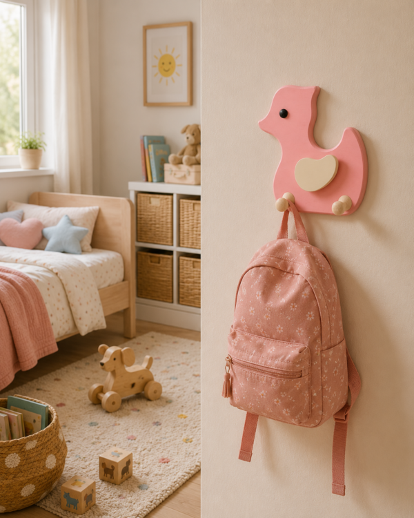 Porte-manteau enfant canard rose en bois avec deux patères dans une chambre