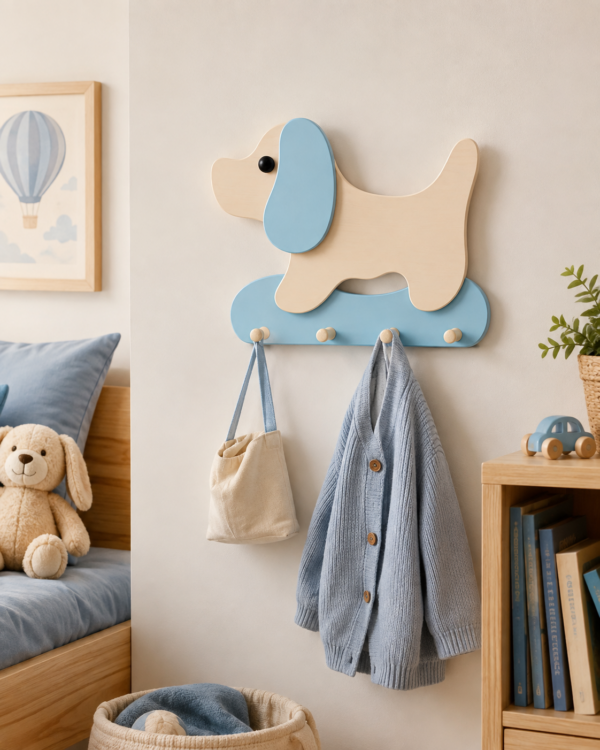 Porte-manteau enfant chien bleu en bois avec quatre patères dans une chambre d’enfant
