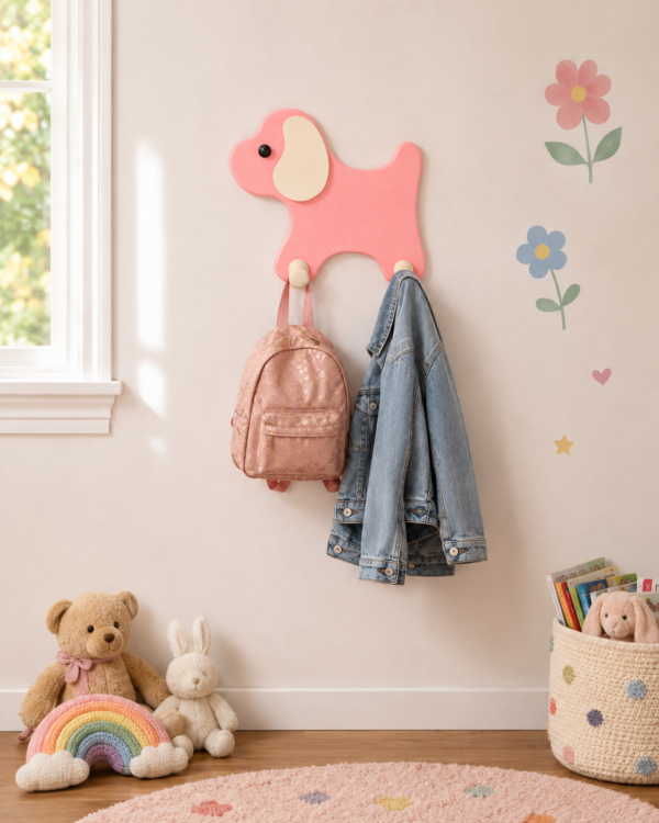 Porte-manteau enfant chien rose en bois avec deux patères dans une chambre