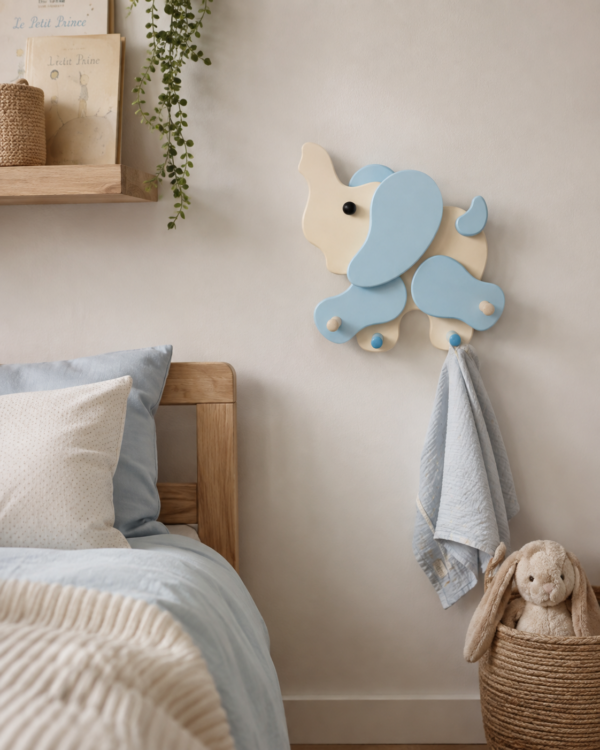 porte-manteau-enfant-elephant-bleu-bois-chambre Porte-manteau enfant éléphant bleu en bois avec quatre patères dans une chambre d’enfant