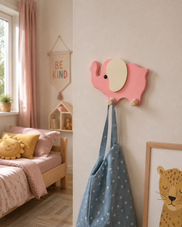 Porte-manteau enfant éléphant rose en bois avec deux patères dans une chambre