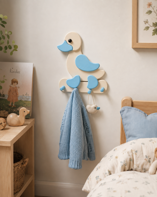 porte-manteau-enfant-grand-canard-bleu-bois-chambre Porte-manteau enfant grand canard bleu en bois avec quatre patères dans une chambre d’enfant