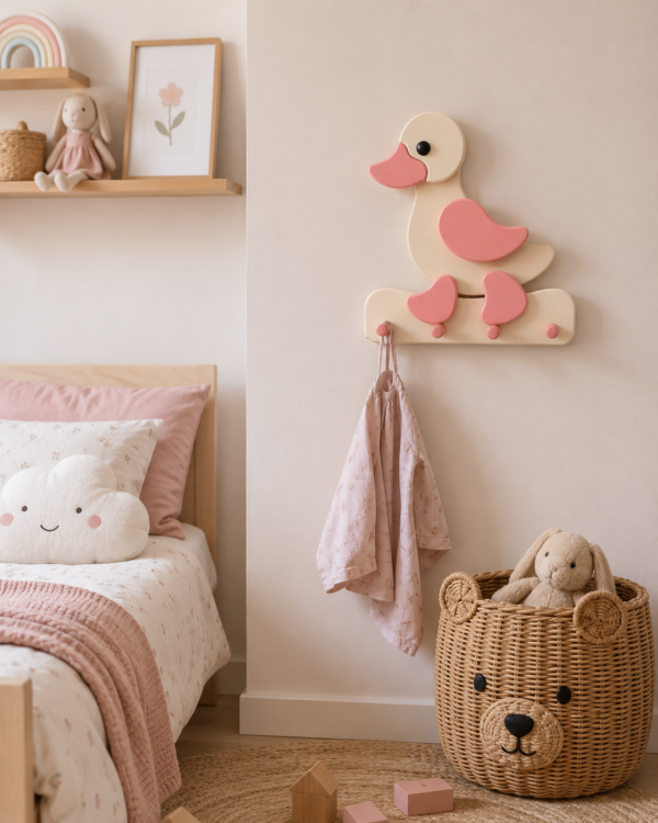 porte-manteau-enfant-grand-canard-rose-bois-chambre Porte-manteau enfant grand canard rose en bois avec quatre patères dans une chambre d’enfant