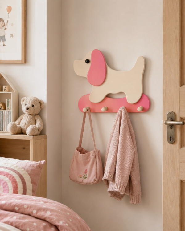 Porte-manteau enfant grand chien rose en bois avec quatre patères dans une chambre d’enfant