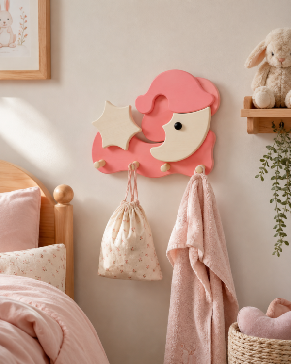 Porte-manteau enfant lune et étoile rose en bois avec quatre patères dans une chambre d’enfant