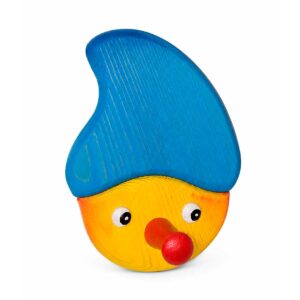 Porte-manteau enfant lutin en bois avec bonnet bleu clair – vue de face Porte-manteau enfant en bois en forme de lutin avec bonnet bleu clair et crochet rouge.