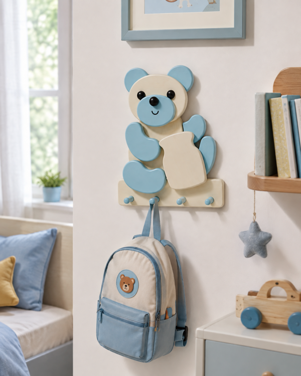 porte-manteau-enfant-ours-bleu-pot-bois-chambre Porte-manteau enfant ours bleu en bois avec pot décoratif dans une chambre d’enfant