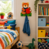 Porte-manteau enfant ours en bois installé dans une chambre colorée