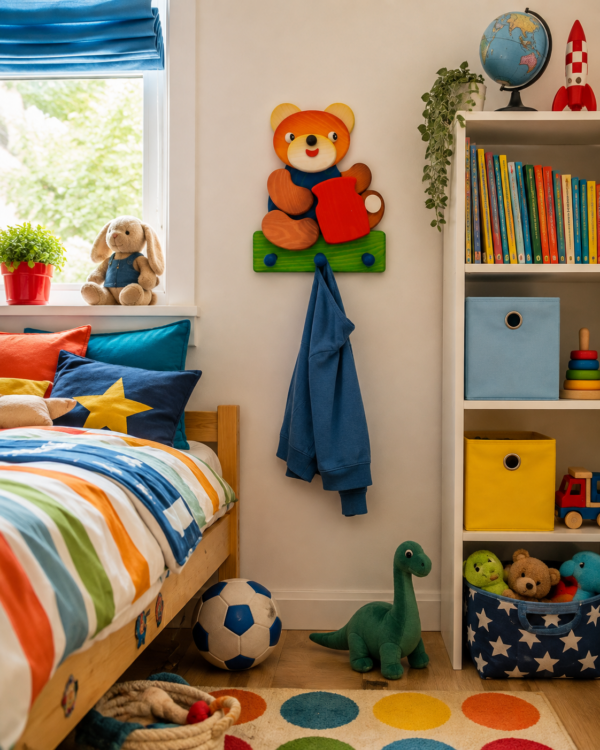 Porte-manteau enfant ours en bois installé dans une chambre colorée