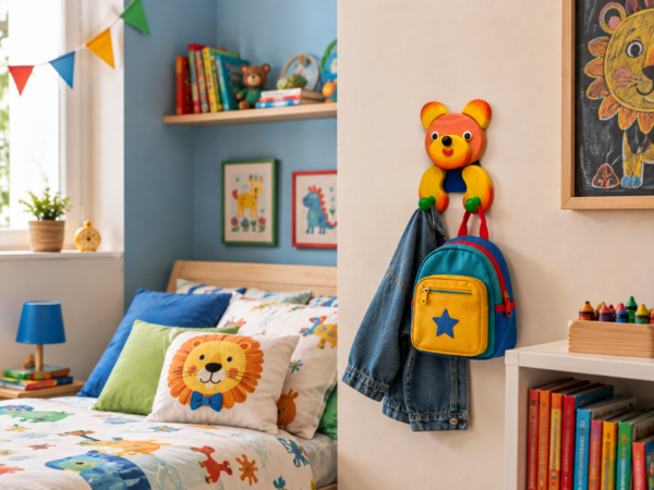 Porte-manteau enfant en bois en forme d’ours avec deux crochets, installé dans une chambre d’enfant multicolore.
