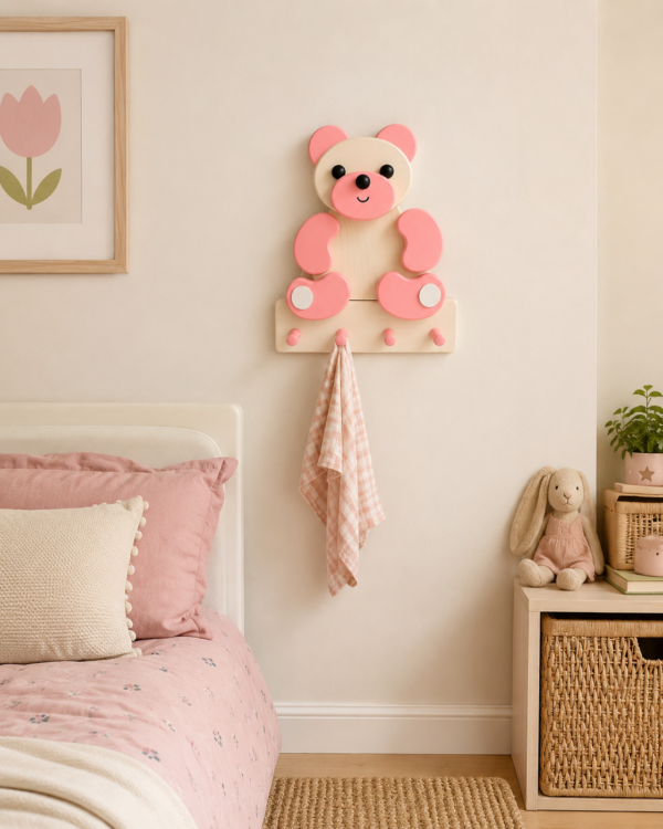 Porte-manteau enfant ours rose en bois dans une chambre d’enfant