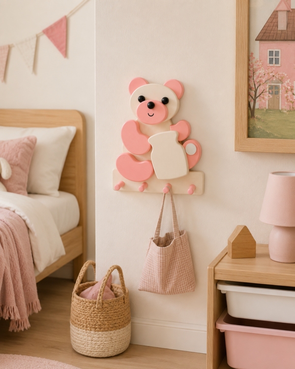 porte-manteau-enfant-ours-rose-pot-bois-chambre Porte-manteau enfant ours rose en bois avec pot et quatre patères dans une chambre d’enfant