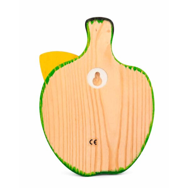 Vue arrière d’un porte-manteau enfant en bois en forme de poire vert clair, avec système de fixation mural.