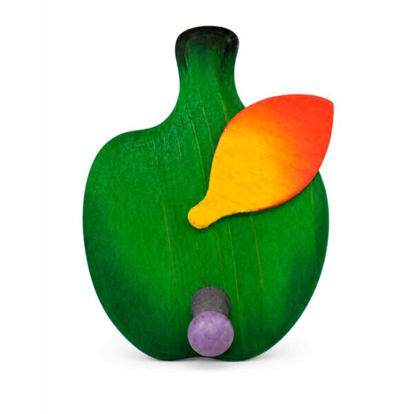 Porte-manteau enfant en bois en forme de poire vert foncé, avec feuille jaune et orange et crochet violet.