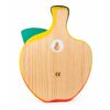 Vue arrière d’un porte-manteau enfant en bois en forme de pomme jaune, avec feuille turquoise et système de fixation mural.