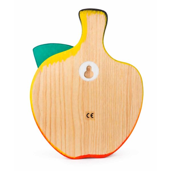 Vue arrière d’un porte-manteau enfant en bois en forme de pomme jaune, avec feuille turquoise et système de fixation mural.