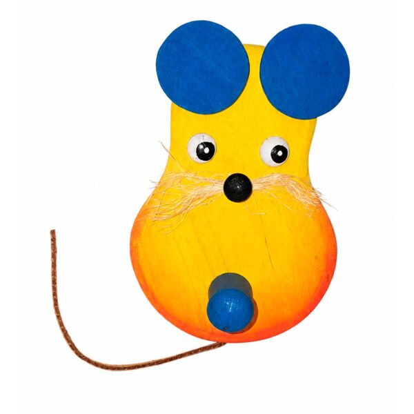 Porte-manteau enfant en bois en forme de souris jaune avec oreilles bleues, queue en corde et crochet bleu.