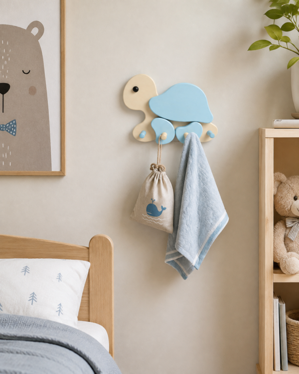 Porte-manteau enfant tortue bleue en bois avec quatre patères dans une chambre d’enfant