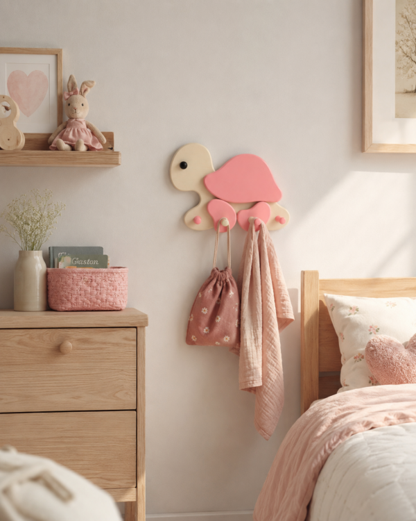 Porte-manteau enfant tortue rose en bois avec quatre patères dans une chambre d’enfant