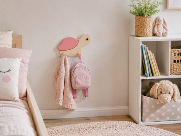 Porte-manteau enfant en bois en forme de petite tortue rose, installé dans une chambre d’enfant et équipé de deux crochets.