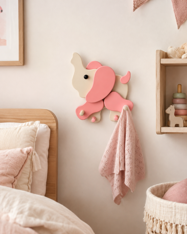 porte-manteau-grand-enfant-elephant-rose-bois-chambre Porte-manteau enfant éléphant rose en bois avec quatre patères dans une chambre d’enfant