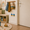 Porte-manteaux enfant lutins en bois installés à hauteur d’enfant dans une entrée