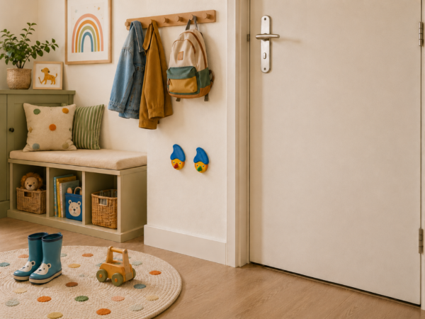Porte-manteaux enfant lutins en bois installés à hauteur d’enfant dans une entrée