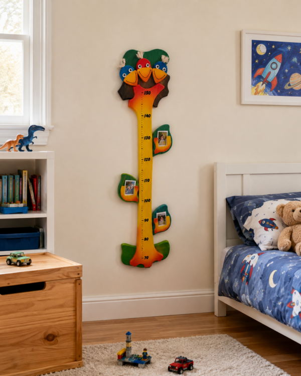 Toise enfant en bois arbre avec oiseaux et porte-photos dans une chambre