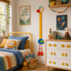 toise-enfant-canard-bois-chambre-coloree Toise enfant canard en bois installée dans une chambre colorée avec boutons de meuble animaux
