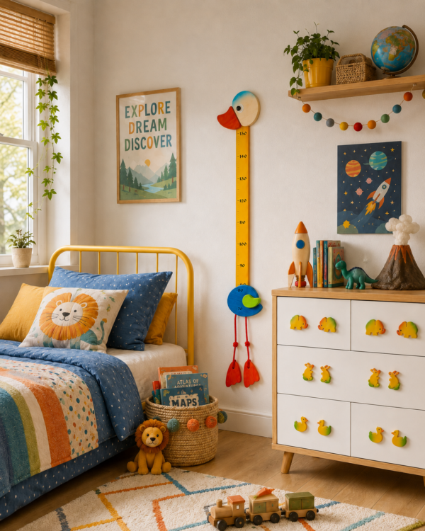 toise-enfant-canard-bois-chambre-coloree Toise enfant canard en bois installée dans une chambre colorée avec boutons de meuble animaux