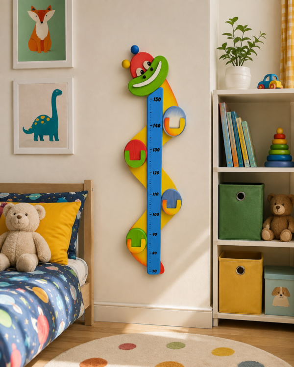 Toise enfant chenille en bois dans une chambre d’enfant colorée