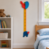 Toise enfant éléphant en bois multicolore installée dans une chambre
